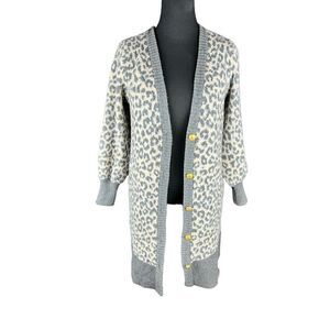 Marled leopard grey long sweater duster cardigan gold buttons soft warm medium